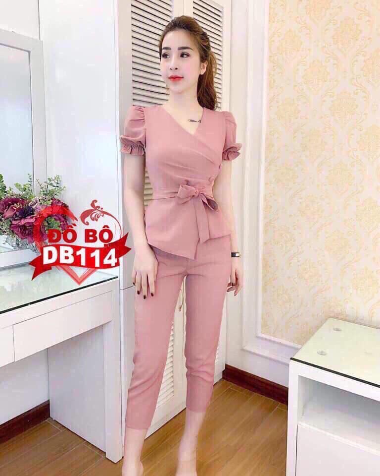[HCM]Set bộ nữ quần dài +áo tay con cổ V eo cột nơ
