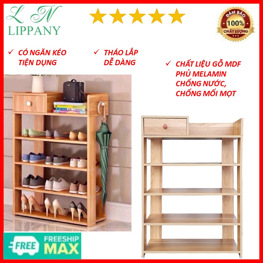 Kệ gỗ 5 tầng để giày dép - Có ngăn tủ phụ