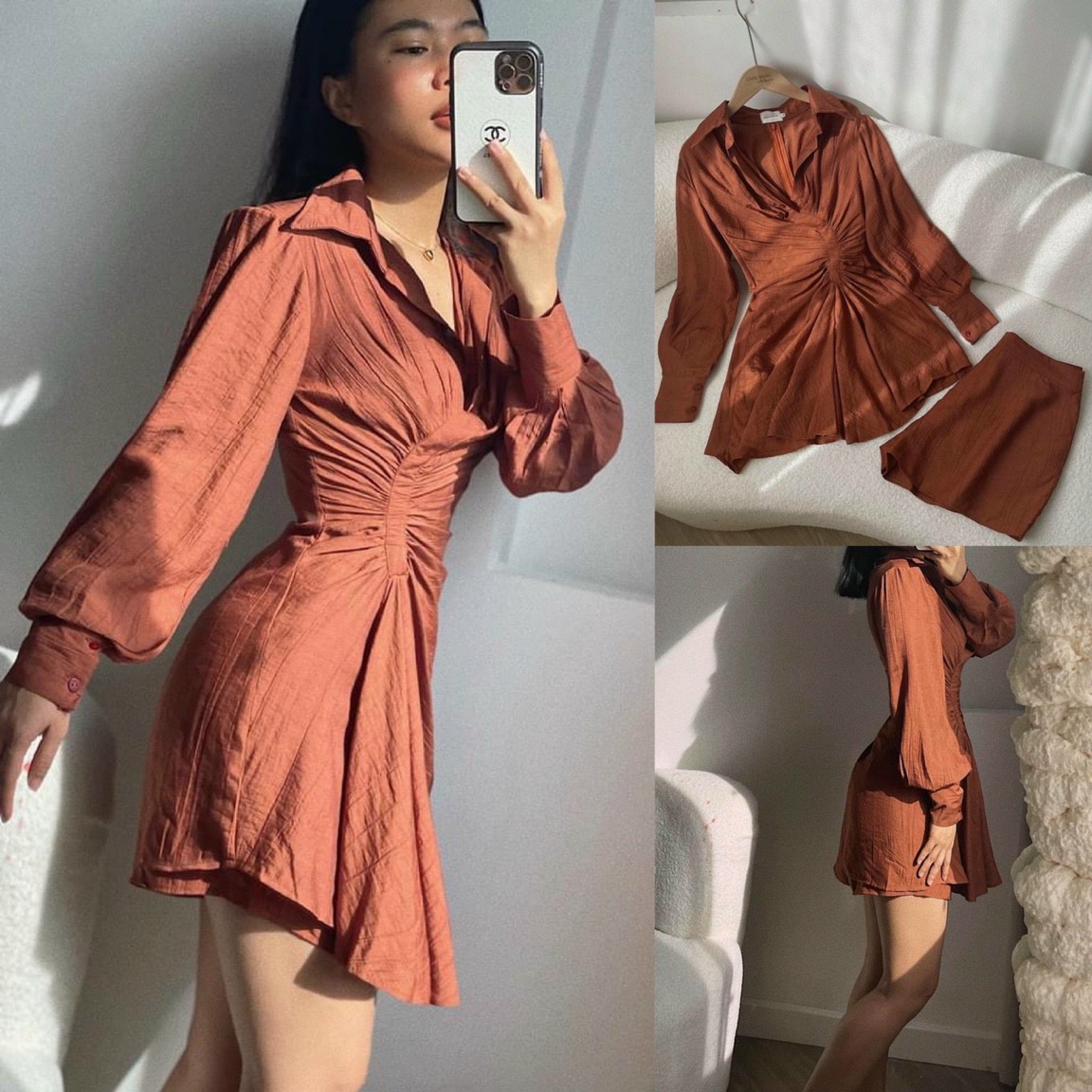 Đầm kiểu cổ sơ mi tay dài cao cấp