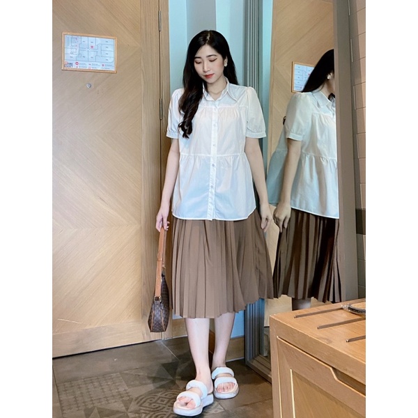 Áo bầu Sơ mi trắng babydoll trẻ trung