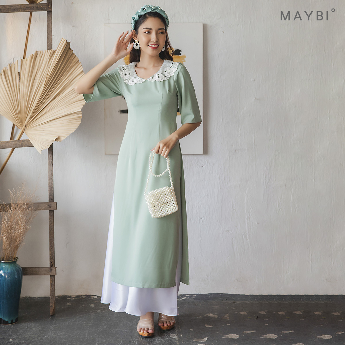 [NHẬP MÃ LAZSOCIALBAU100K GIẢM NGAY 15%] Áo dài Lục Nhi MAYBI lụa tuyết xanh mint (Không kèm quần lụa)