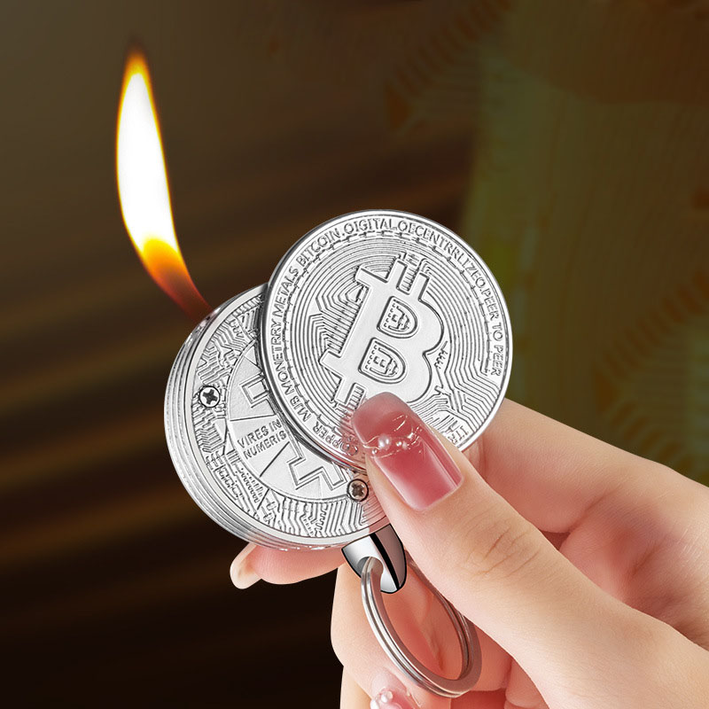 Hột quẹt bật lửa móc khóa đồng Bitcoin kim loại - xài gas