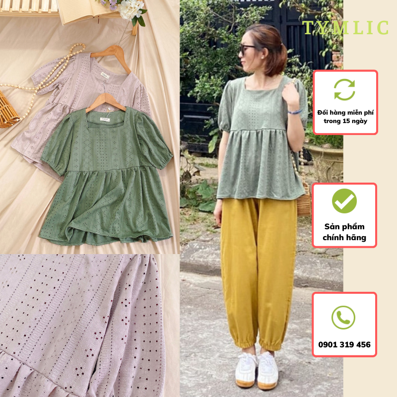 Áo babydoll cổ vuông đục lỗ 2 màu tymlic