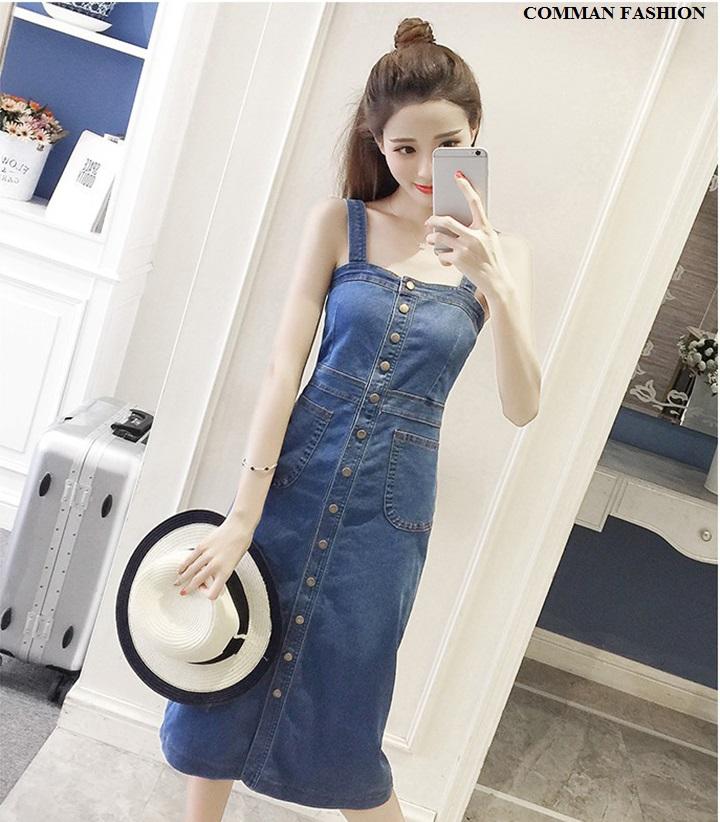CAO CẤP Yếm Jean Nữ Cài Nút Dọc 3862
