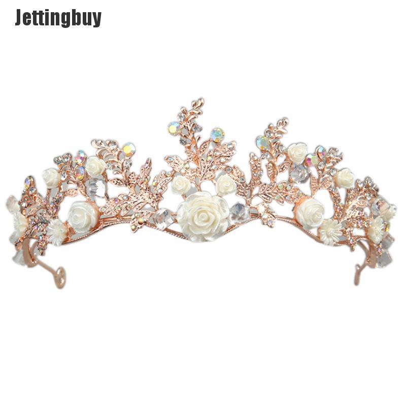 Jettingbuy Mũ Tiara Pha Lê Vàng Vương Miện Lễ Cưới Baroque Rhinestone Tóc