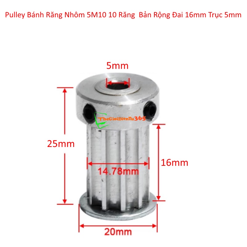 Pulley bánh răng nhôm 5M 10 răng bản  đai 16mm trục 5mm