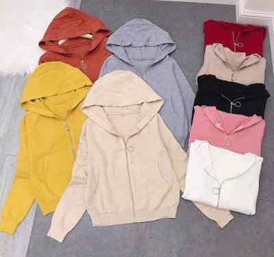 Áo khoác len cardigan nữ phối nón có dây kéo tròn