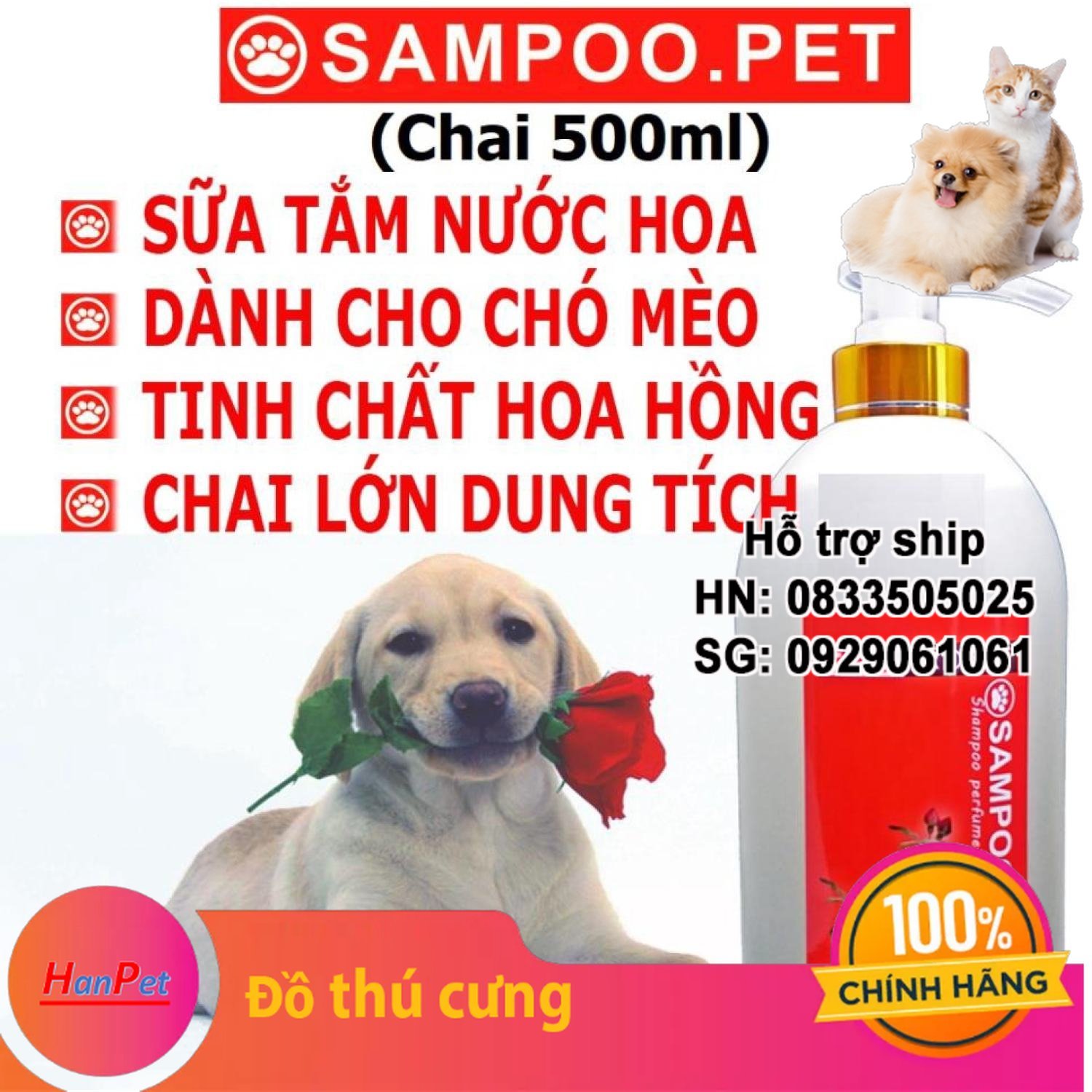 Hanpet - Sampoo.pet RED Sữa tắm nước hoa cho chó mèo Dùng chung cho các loại chó mèo thơm lâu trên 22h