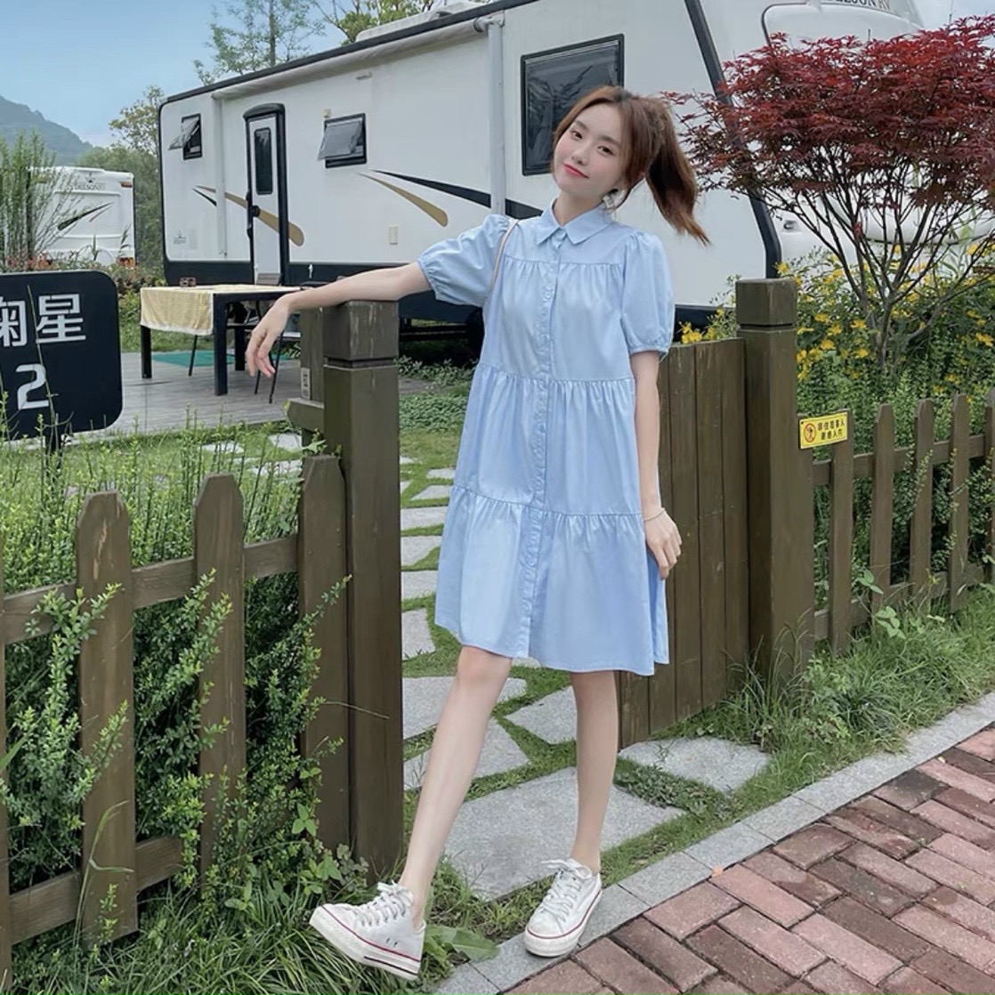 Đầm babydoll xanh biển cổ sơ mi