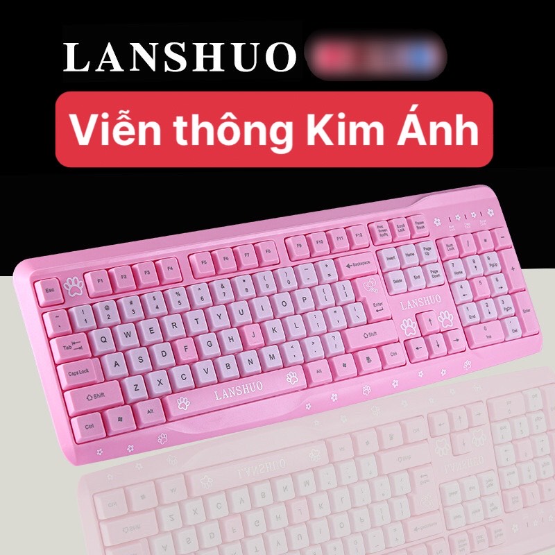 Bàn phím máy tính Kitty (LANSHUO)  chuôi cắm USB, bàn phím màu hồng cho cô nàng hiện đại, Bảo hành 12 tháng