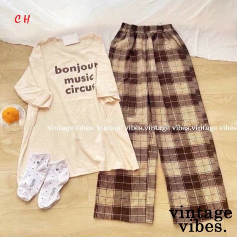Sét áo bejo + Quần Kẻ nâu. Áo thun nam nữ, quần kaki, quần nữ, sét bộ mặc ở nhà, áo thun tay dài, quần jean ống rộng - LEEDA