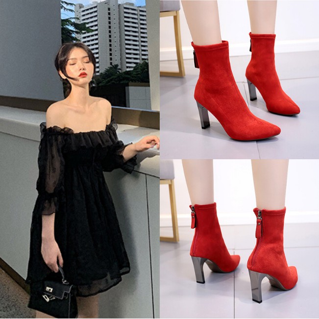 [HCM]Giày Boot Nữ Cổ Lửng Đế 8Cm Da Lộn Màu Đỏ GBMN-01R2