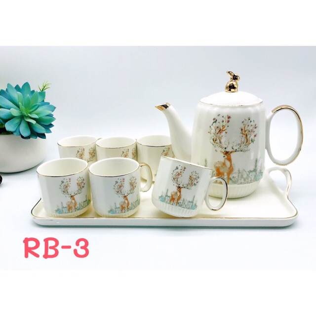 BỘ BÌNH CỐC KÈM KHAY TRẮNG HÌNH HƯƠU