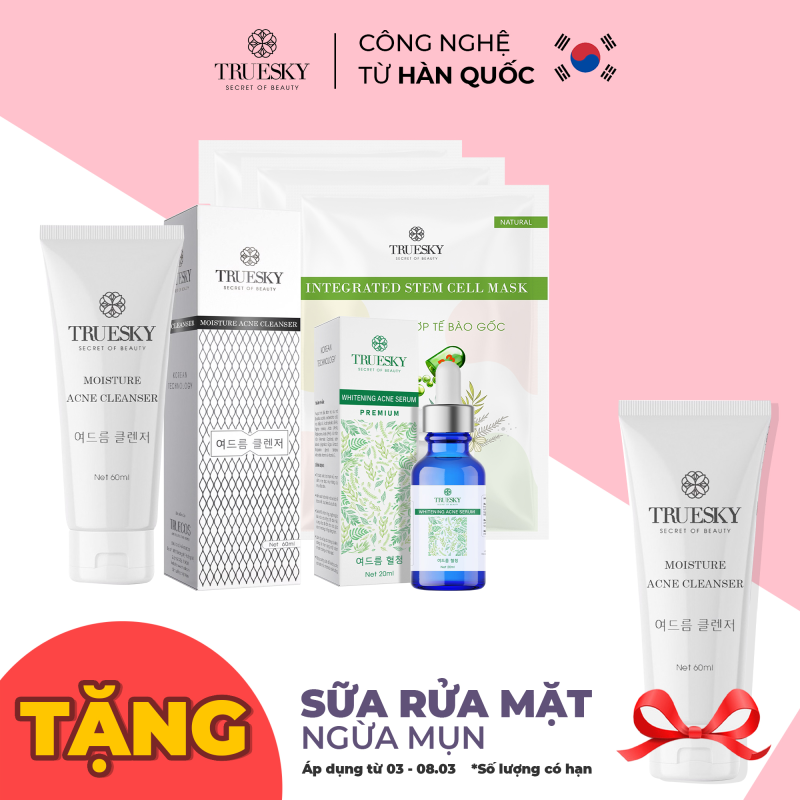 Bộ ngừa mụn da mặt Truesky Premium M02 gồm 1 serum ngừa mụn tràm trà 20ml + 1 sữa rửa mặt than hoạt tính 60ml + 3 miếng mặt nạ dưỡng da Truesky giá rẻ