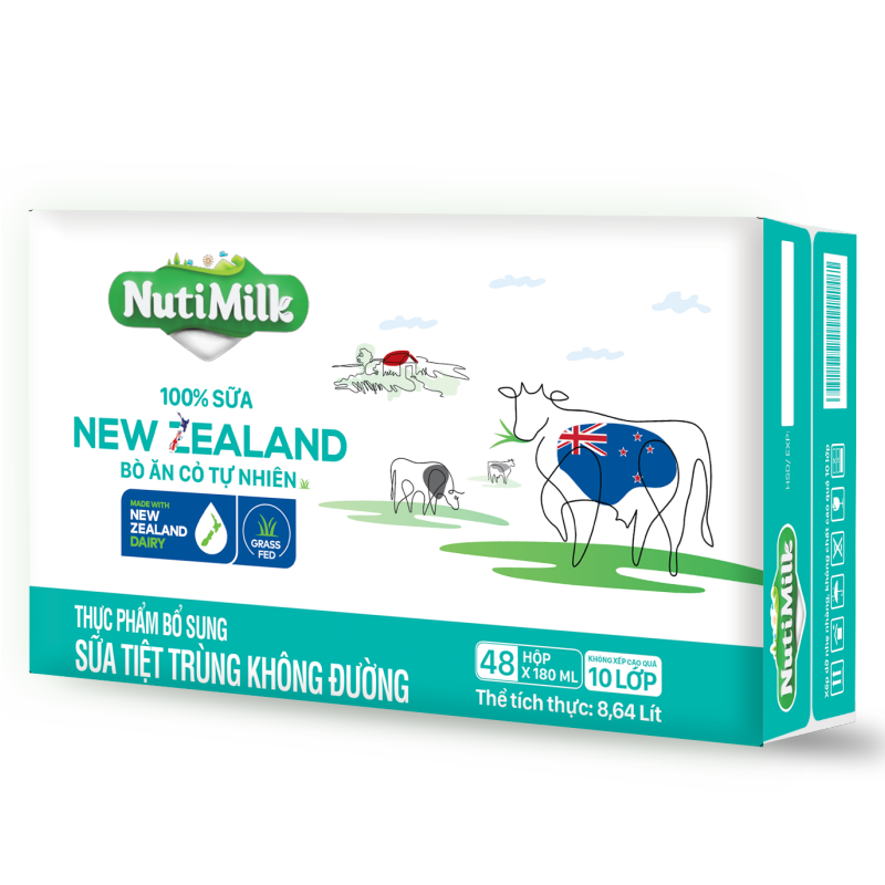 Thùng 48 Hộp NutiMilk 100% Sữa New Zealand Bò ăn cỏ tự nhiên Không đường