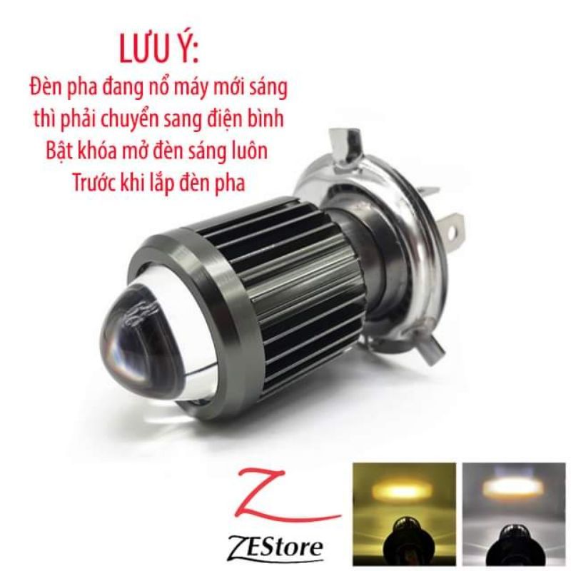 Đèn pha led bi cầu 2 màu chân h4 cho xe máy dùng điện bình 12v pha trắng cos vàng