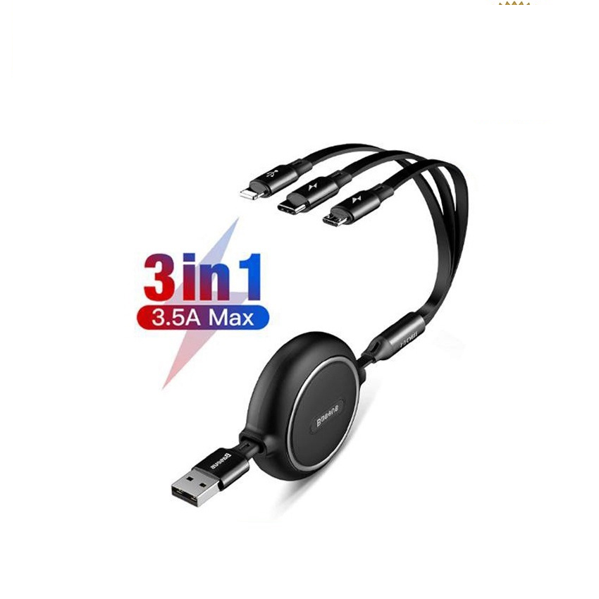 Cáp sạc dây rút 3 đầu Baseus Golden Loop 3 in 1 Elastic (3.5A, Type C/ iPhone/ Micro USB, Adjustable, Fast Charge Cable)