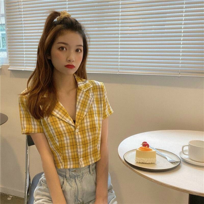 Áo croptop sơ mi - chất liệu kate mềm mịn - thiết kế cổ áo sơ mi tay lỡ