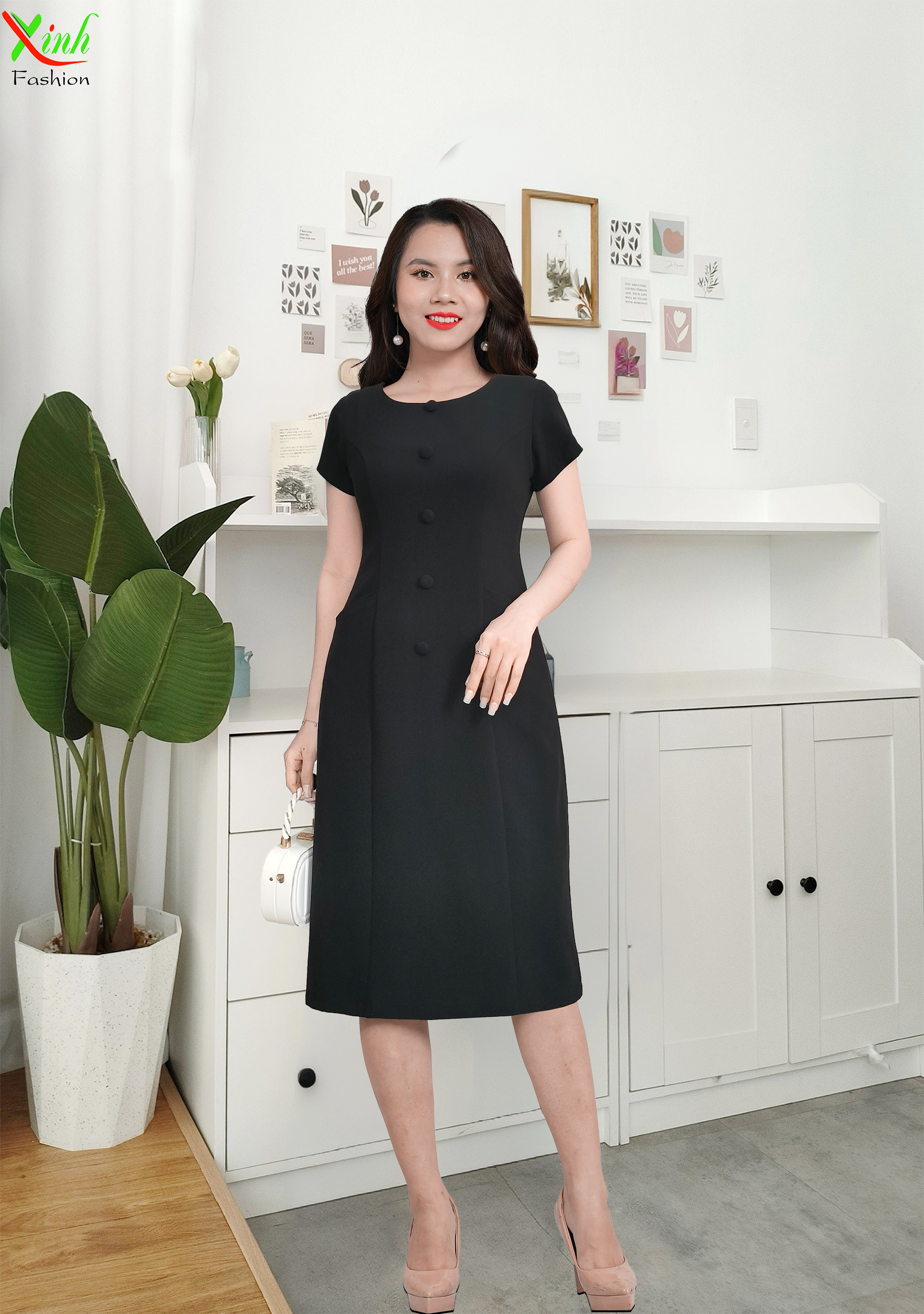 Đầm Suông Cổ Điển Phối Cúc Che Bụng Vải Mềm Mát DL508-776