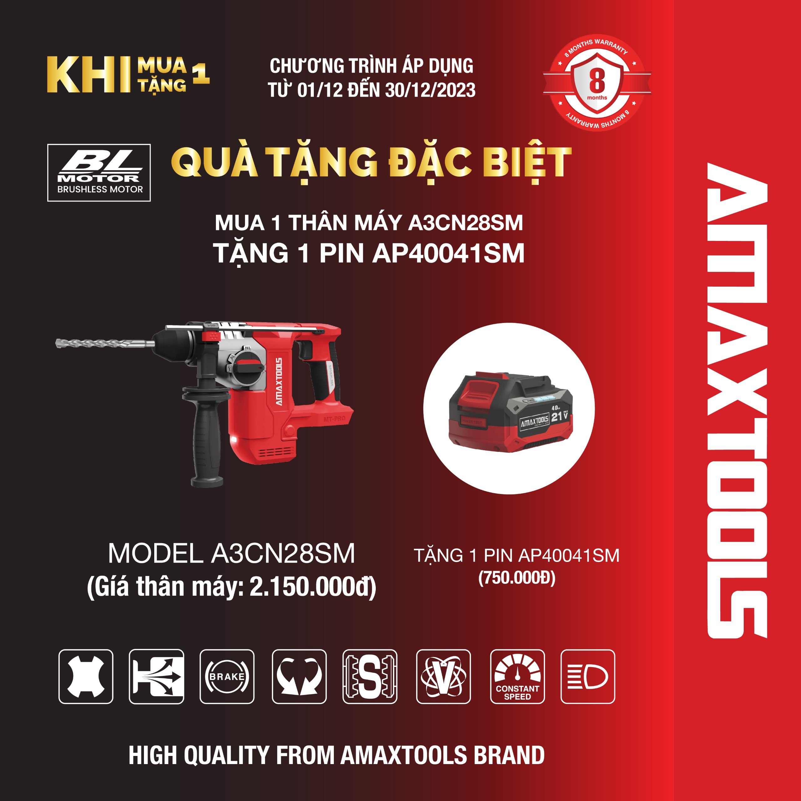 Máy khoan bê tông pin AMAX A3CN28SM (màu đỏ)