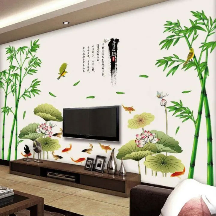 Decal dán tường hồ sen, vườn trúc am9104+0779c+xy1097ab trang trí tường nhà cửa phòng khách phòng ngủ - sticker - miếng dán tường - hình dán