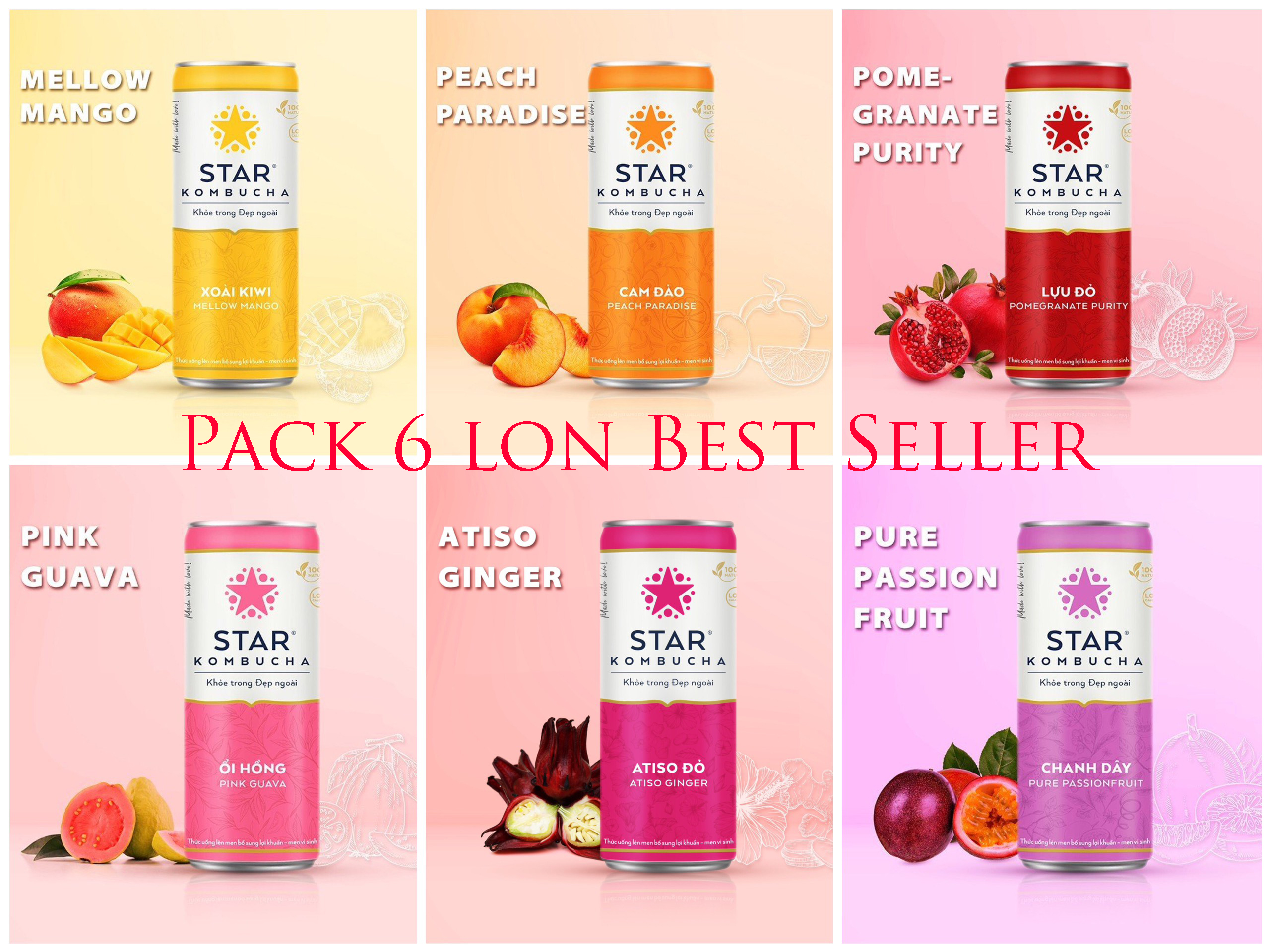 Lốc 6 lon trà lên men Star Kombucha Mix Vị 250ml/lon