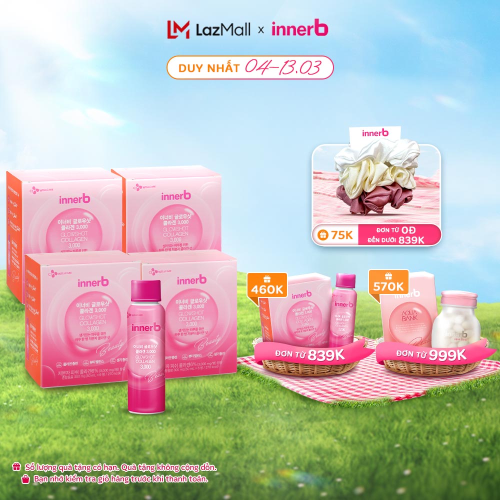 Combo 4 hộp nước uống Collagen Vitamin C sáng da InnerB Glowshot (50mlx6)