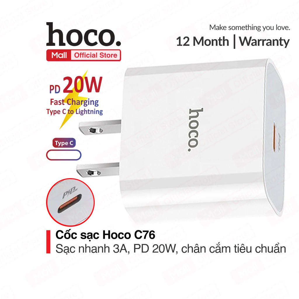 Cốc sạc pd 20w hoco c76 1 cổng type- c sạc nhanh 3.0a, chân cắm chuẩn tiêu chuẩn