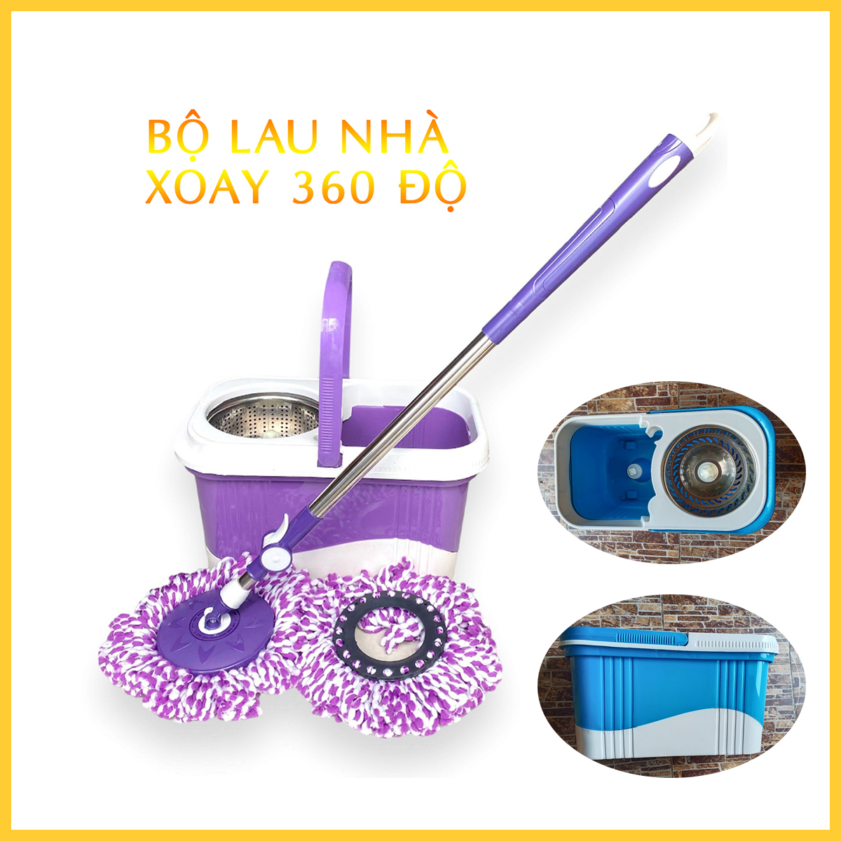 Bộ cây lau nhà kèm 2 bông lau + thùng inox đựng nước thông minh xoay 360 tự vắt
