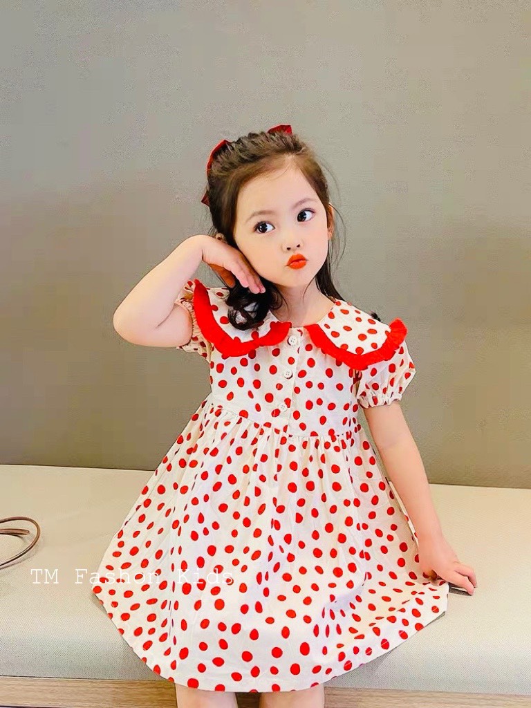 Váy bé gái - Váy cổ sen họa tiết chấm bi