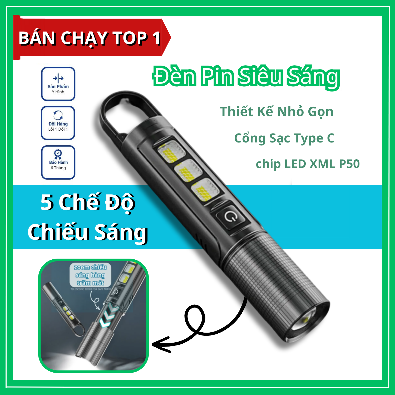 Đèn pin mini siêu sáng cầm tay có zoom chiếu sáng xa trăm mét - Đèn bin ...
