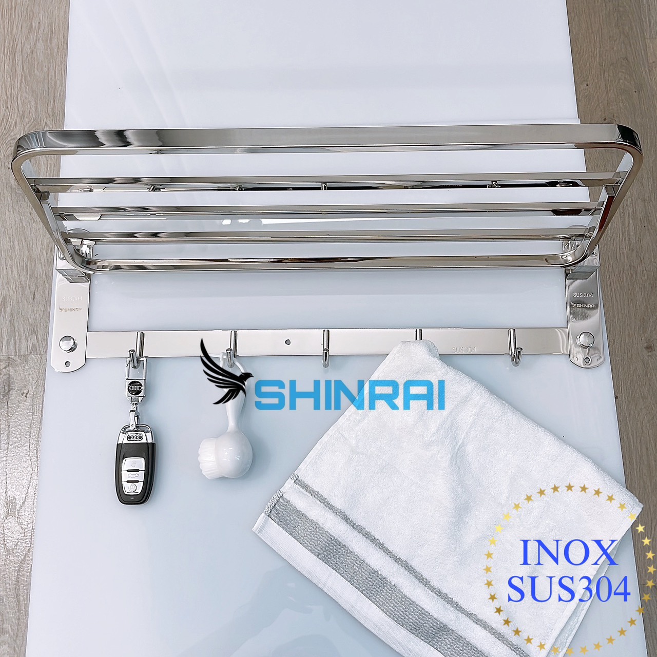 ( Dán Tường - Khoan Tường ) Giá Treo Khăn Nhà Tắm , Móc Treo Khăn Tắm SUS304 Đế Đặc 3.5CM Siêu Dày Chữ Nhật SHINRAI
