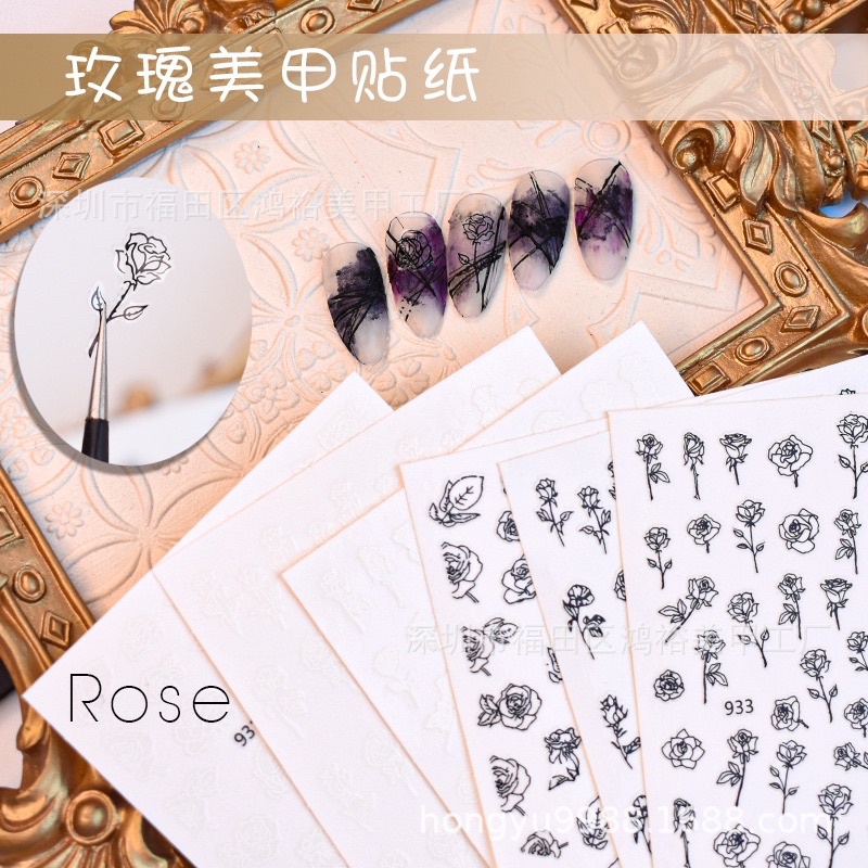 sticker hoa hồng trắng đen  hình dán móng nail