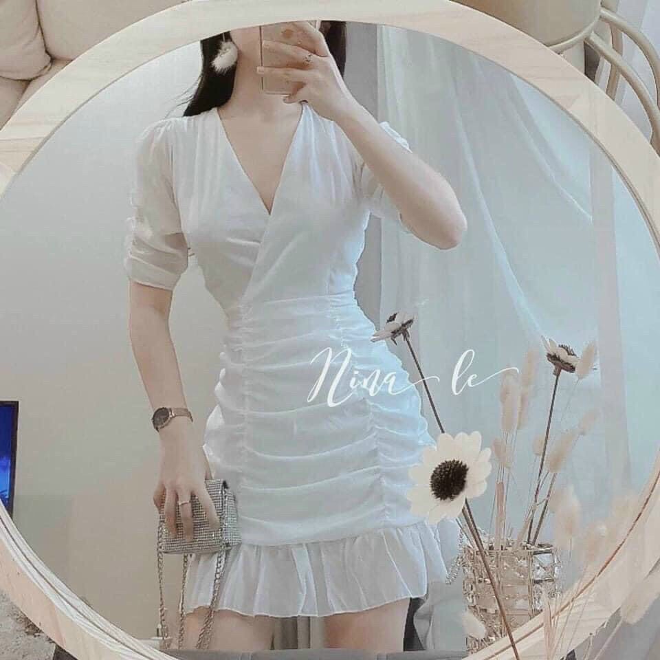 [HCM]Đầm đuôi cá dự tiệc tay lỡ cổ đắp chéo chất kate #damduoica