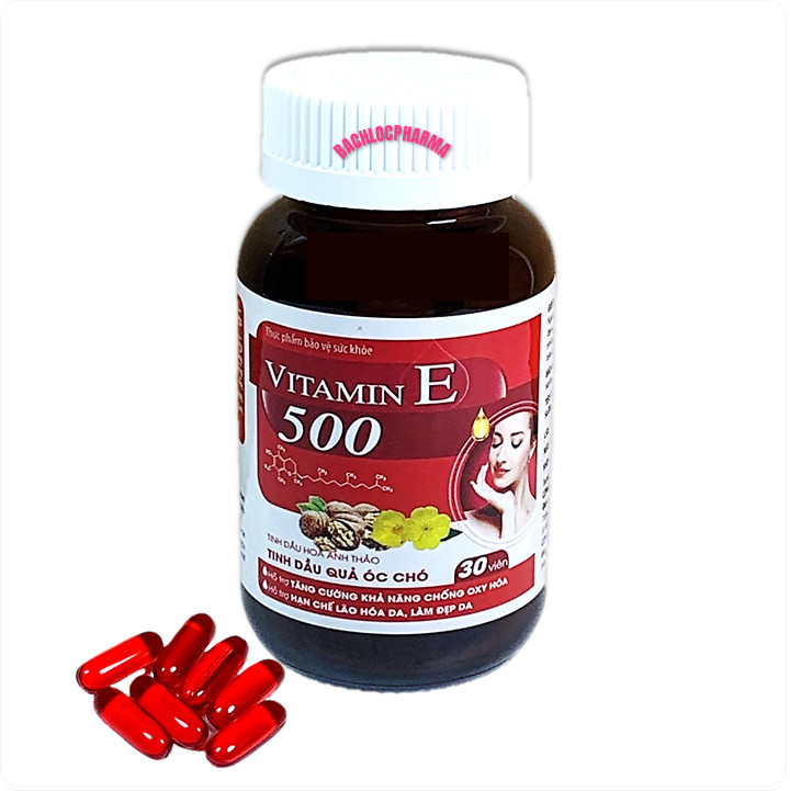 Viên uống đẹp da Vitamin E đỏ 500, Chiết xuất tinh dầu quả óc chó, hoa anh thảo, giúp trắng da, mờ nám, cân bằng nội tiết tố- hộp 30 viên