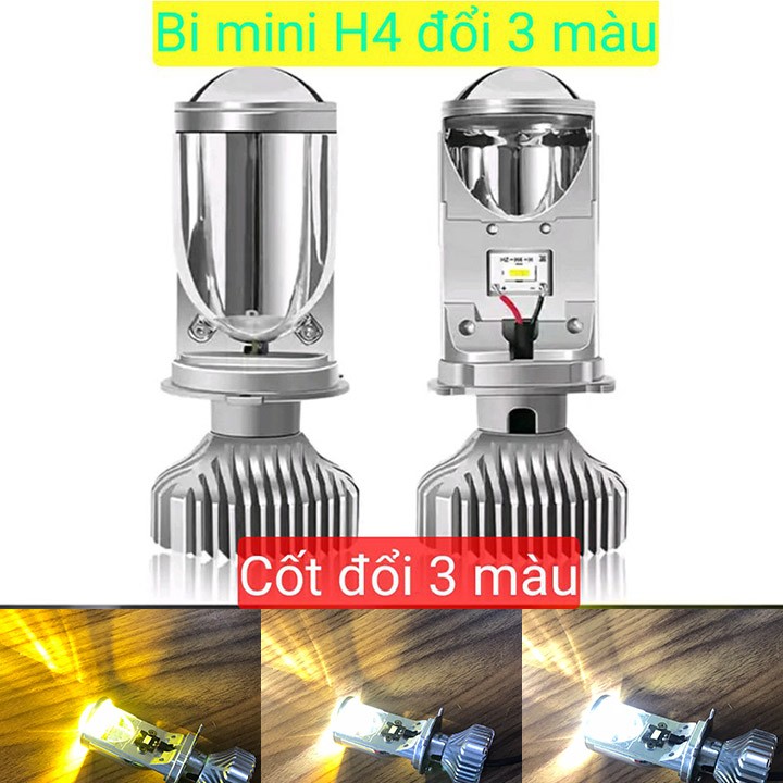 Đèn pha led bi cầu mini chân h4 cốt đổi 3 màu