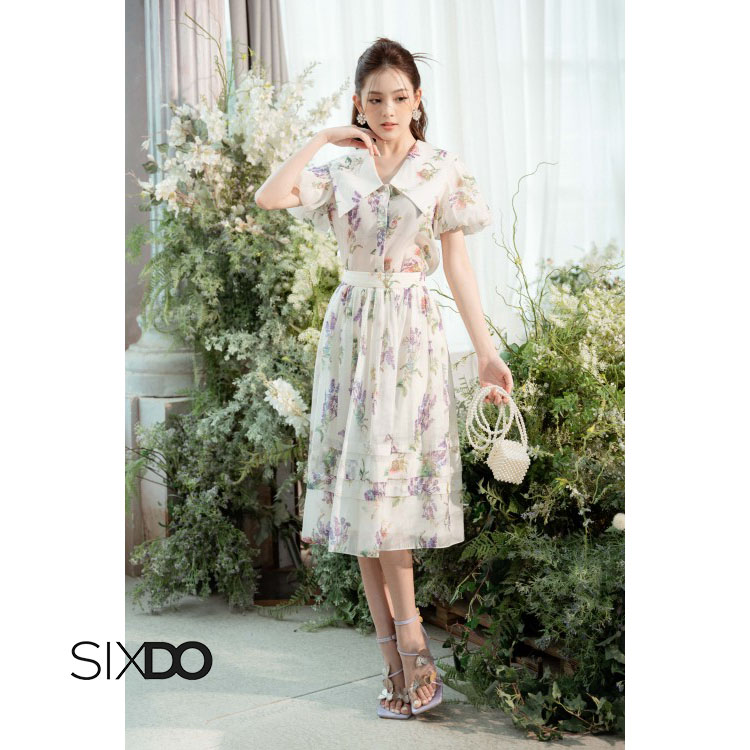 Chân váy midi phối hoa lavender ngọt ngào SIXDO (Z-Cream Lavender Midi Skirt)