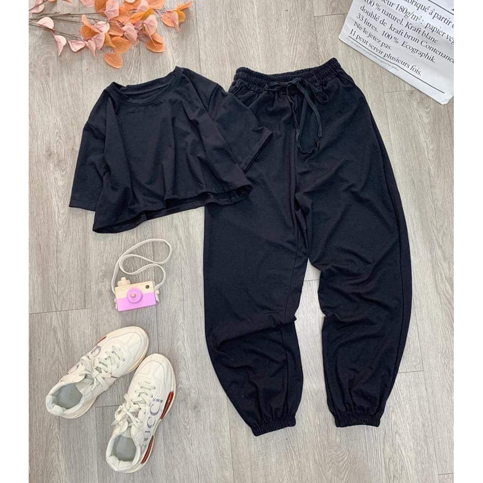 Sét áo croptop đen + quần chun gấu DTR1120