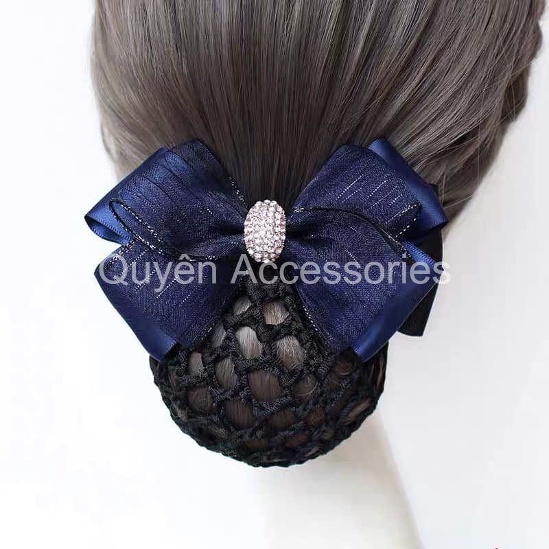 [FREESHIP] Kẹp búi nơ xanh đính đá - Kẹp búi tóc công sở - Kẹp búi tóc lưới