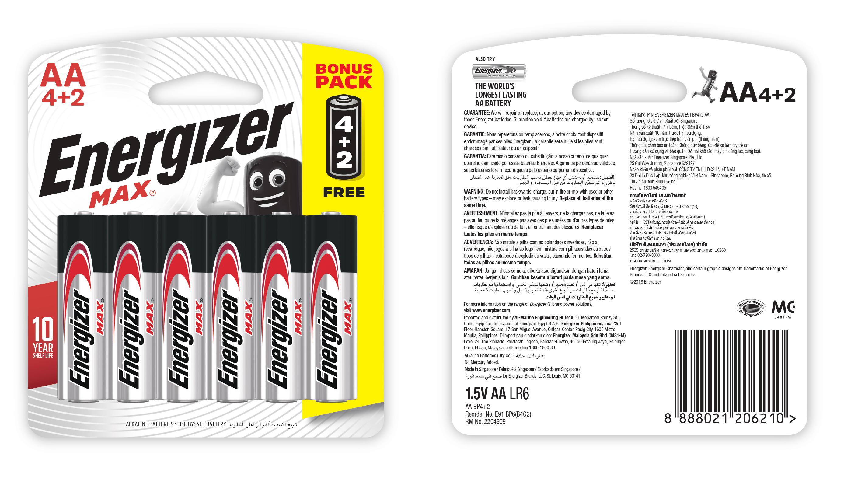 [Vỉ 4 Tặng 2] Viên Pin AA Energizer Max E91 BP4+2 - 100628297