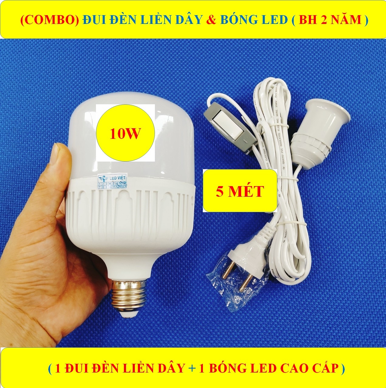 Combo 1 đui đèn liền dây 5 mét có công tắc + 1 bóng led 50/40/30/20/15/10/5w đui e27 chống cháy loại 1 cao cấp
