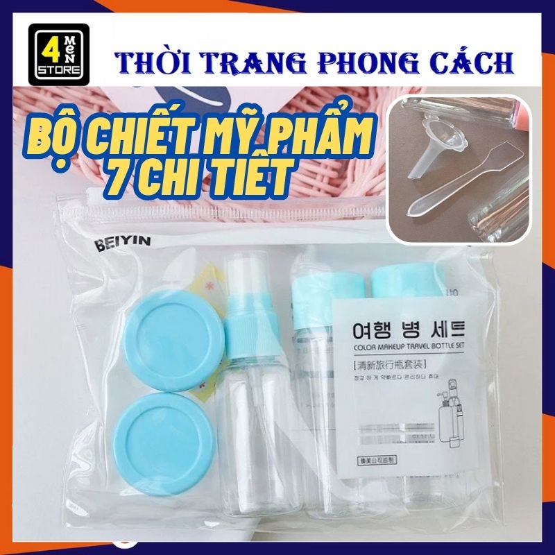 Bộ Chiết Mỹ Phẩm Du Lịch 7 Chi Tiết Kèm Túi Zip Tiện Dụng - Bộ 7 Món Chiết Mỹ Phẩm Du Lịch Mini Hàn Quốc , Gồm ( 2 Hũ Đựng - 1 Chai Xịt 50ML - 1 Muỗng - 1 Phễu - 2 Chai 50ML )