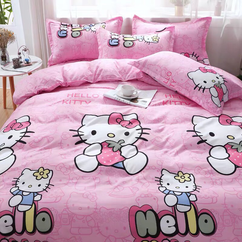Trọn Bộ 4 Món Chăn Ga Gối Cotton Poly Nhập Mẫu HELLO KITTY