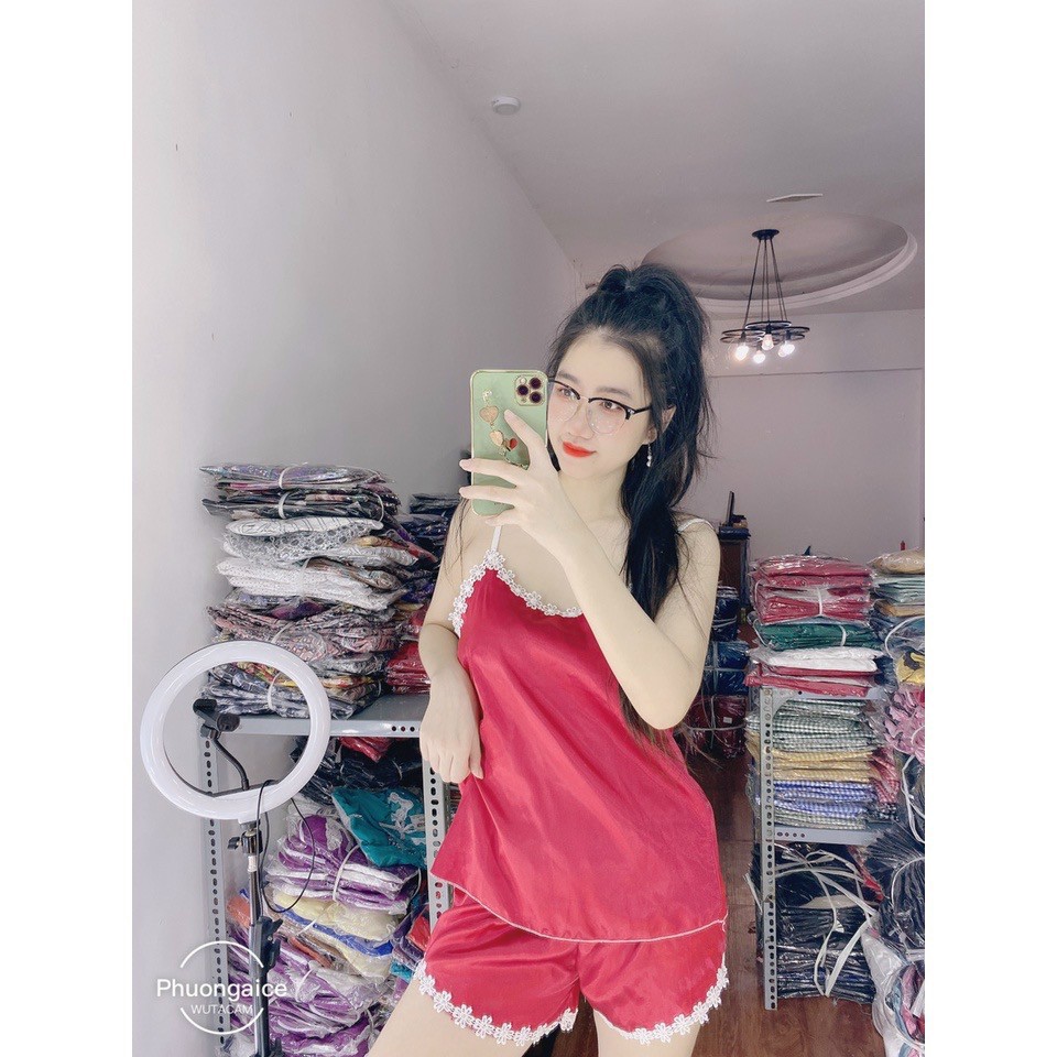 Bộ đồ ngủ Sexy 2 dây phi lụa phối bèo dễ thương Freesize dưới 57kg