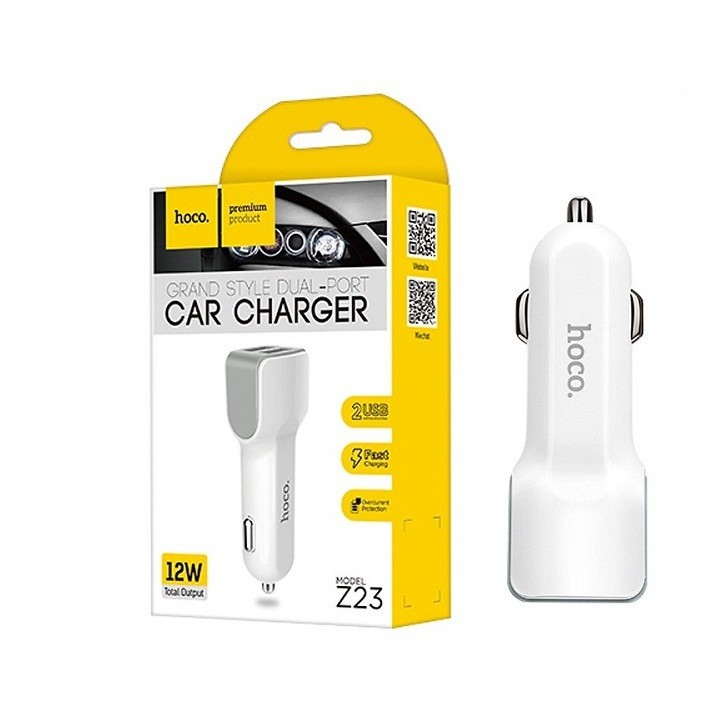 Cốc sạc xe hơi Hoco Z23 - 2 cổng sạc nhanh 2.1A giá rẻ | Cốc sạc ôtô - Bảo hành 6 tháng