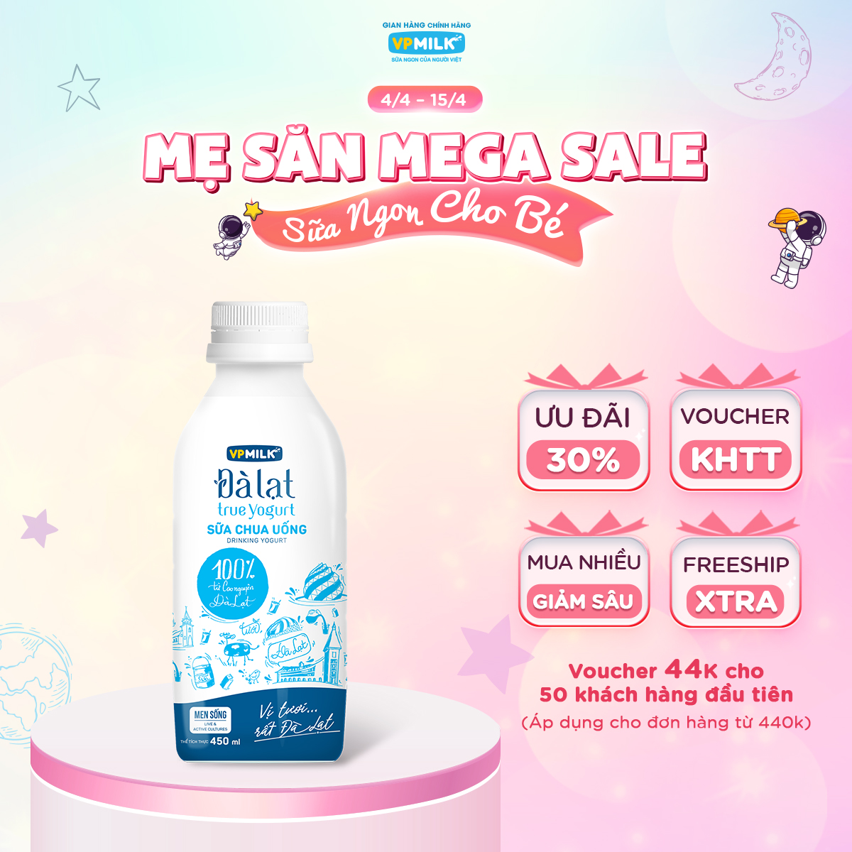 [VẬN CHUYỂN HỎA TỐC HCM] Sữa Chua Uống VPMilk Đà Lạt True Yogurt chai 450ml