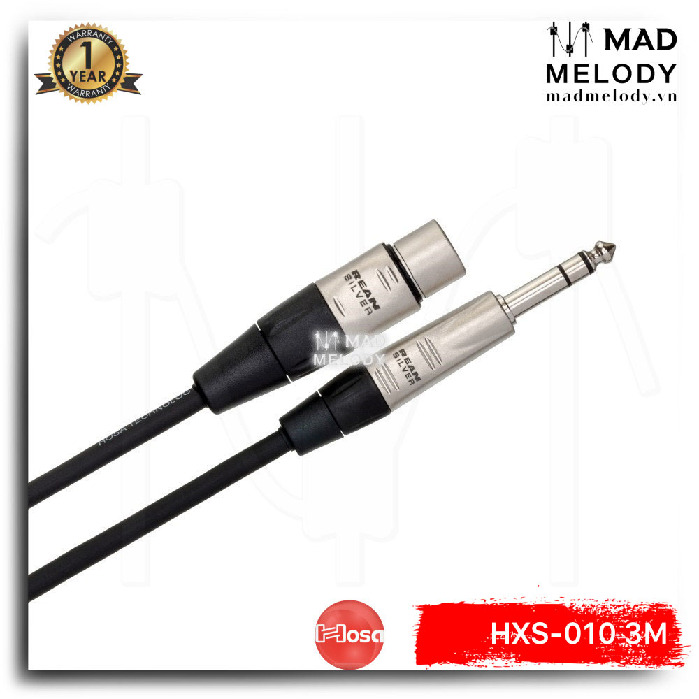 Hosa Pro Balanced Interconnect HXS-010 (3m) (REAN XLR3F - 1/4in TRS) (Dây cáp preamp canon XLR cái 6ly 6.35mm TRS balanced đực, Brand New)