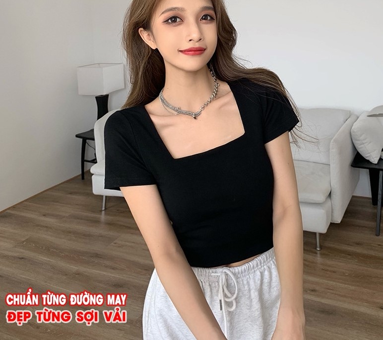 Áo croptop cổ vuông ngắn tay ôm nữ , áo crt hở rốn thun gân 100% cotton đẹp màu đen trắng