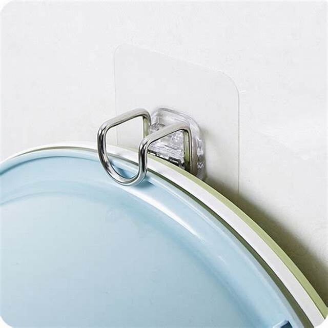 Móc treo thau chậu nhà tắm, dụng cụ phòng bếp dán tường bằng inox không cần khoan đục