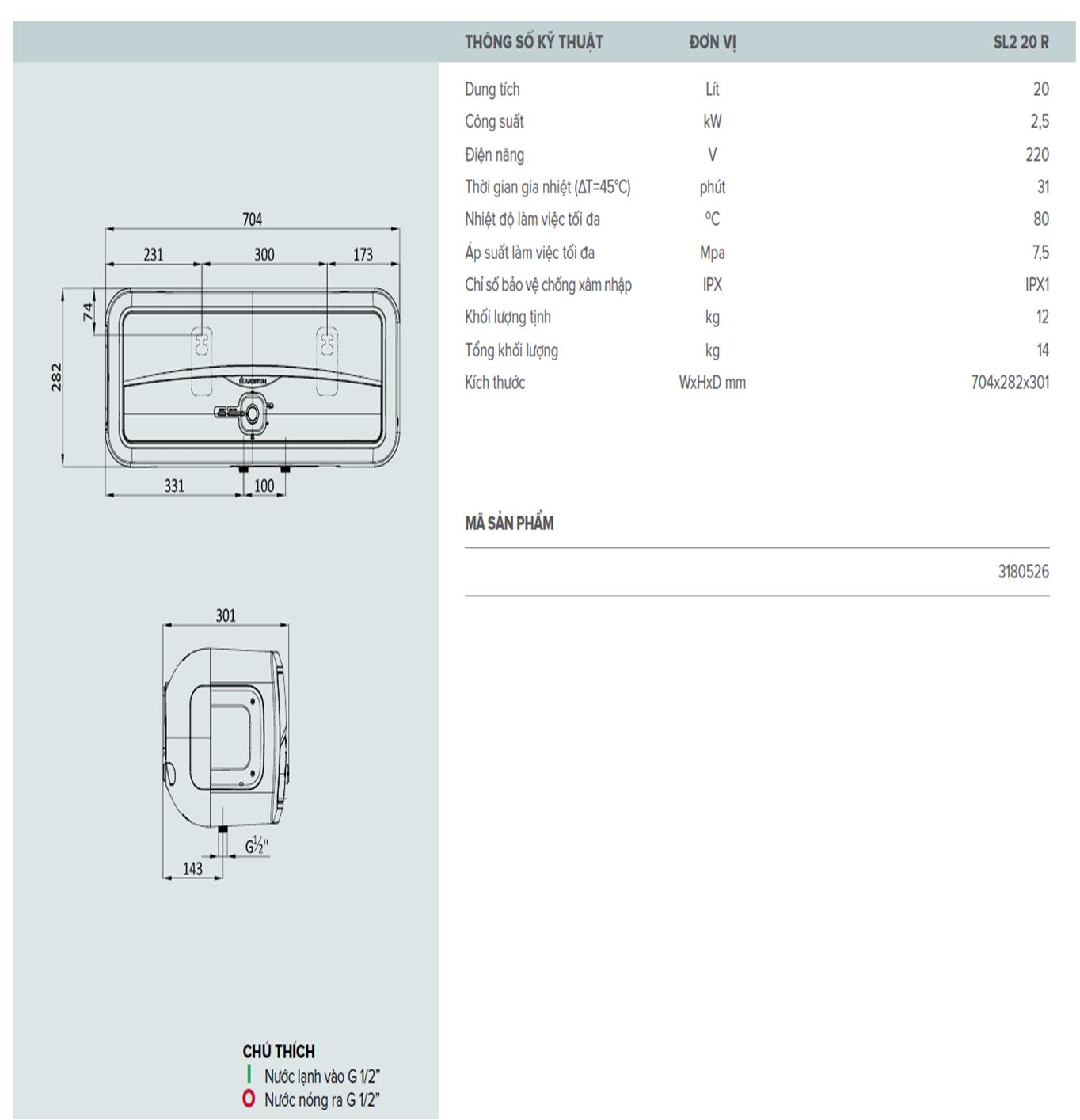 [HCM][Trả góp 0%]Máy nước nóng gián tiếp Ariston SL2 20 R 2.5 FE